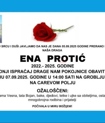 Ogromna tuga u bh. gradu: Preminula djevojčica Ena Protić u trećoj godini života