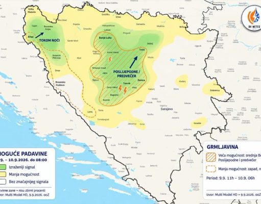 Pogledajte gdje su najveće šanse za pljuskove u BiH: Hoće li kiša stići i do Jablanice i Konjica?(FOTO)