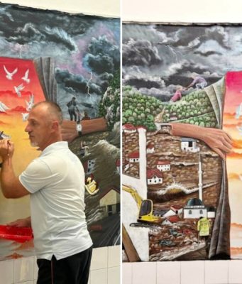 Da se Donja Jablanica ne zaboravi: Profesor Vedat Mujak s učenicima u Srednjoj školi Jablanica naslikao veliki mural posvećen žrtvama poplava(FOTO)